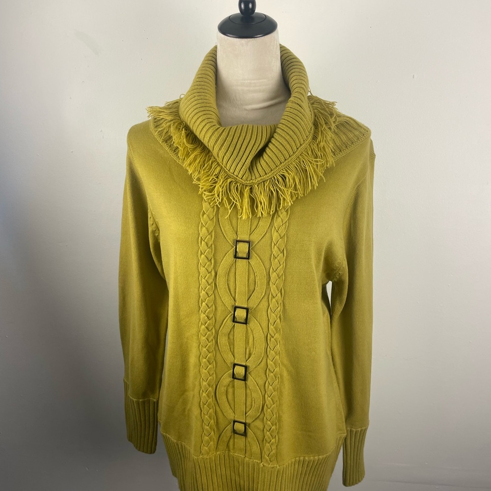 Jenni Mustard Cowl Neck Sweater with Fringe